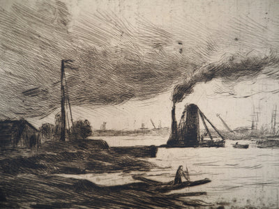 Maximilien LUCE : Rotterdam, voiliers à quai et fumée dans le port - Gravure (détail)