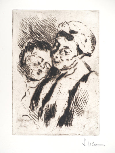 Maximilien LUCE : Tendresse entre la grand-mère et l'enfant  - Gravure (détail)