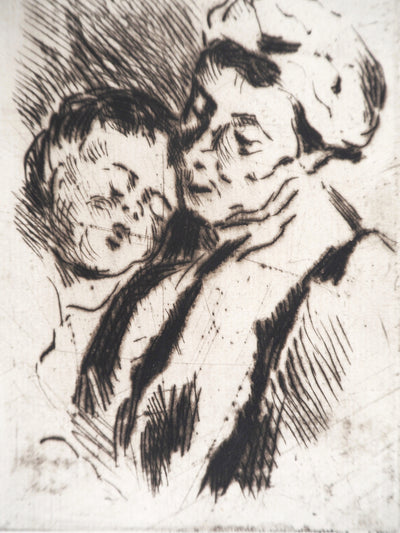 Maximilien LUCE : Tendresse entre la grand-mère et l'enfant  - Gravure (détail)