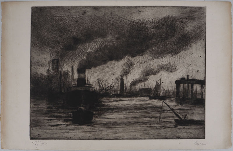 Maximilien LUCE : Vue du port de Rotterdam - Gravure