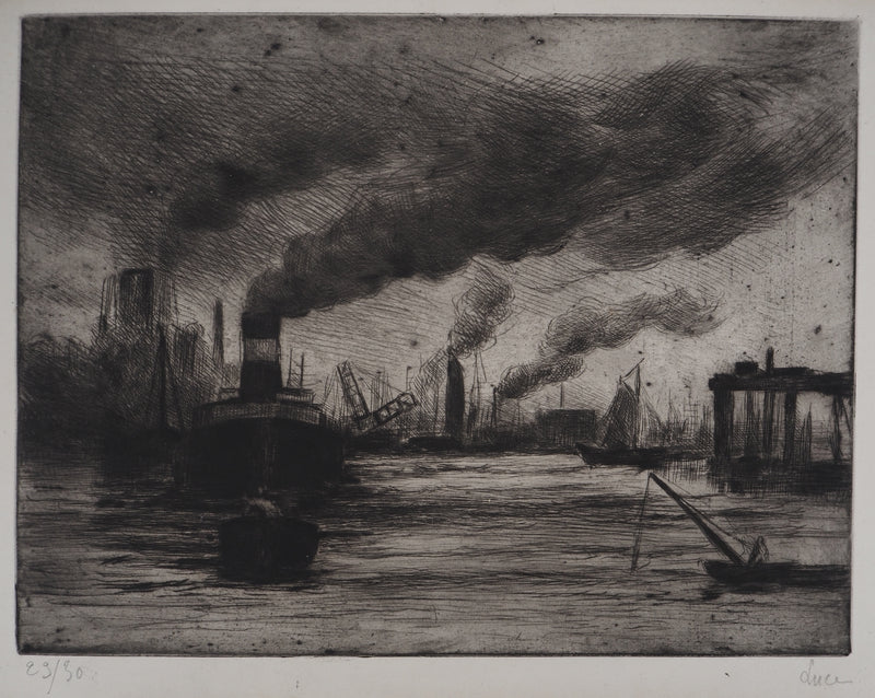 Maximilien LUCE : Vue du port de Rotterdam - Gravure (détail)