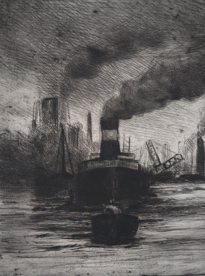 Maximilien LUCE : Vue du port de Rotterdam - Gravure (détail)