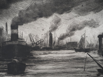Maximilien LUCE : Vue du port de Rotterdam - Gravure (détail)