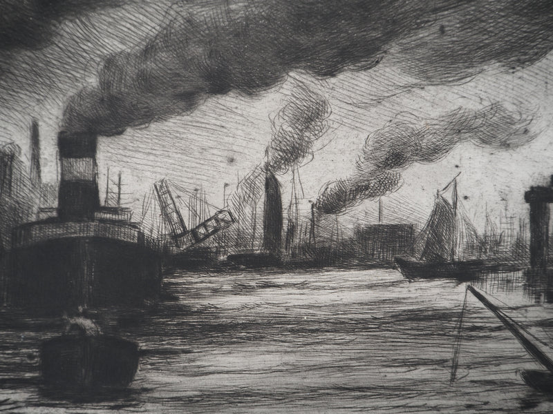 Maximilien LUCE : Vue du port de Rotterdam - Gravure (détail)