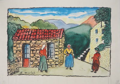 Elisée MACLET : Bretonnes à l'entrée du Village - Aquarelle
