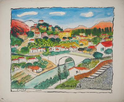 Elisée MACLET : Le village de Corté en Corse - Aquarelle