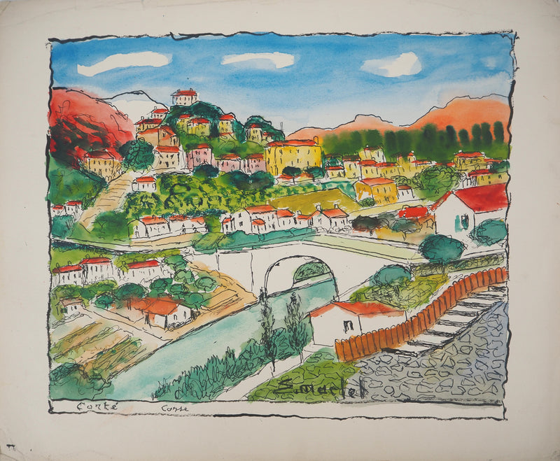 Elisée MACLET : Le village de Corté en Corse - Aquarelle
