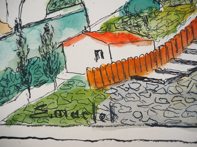 Elisée MACLET : Le village de Corté en Corse - Aquarelle (détail)