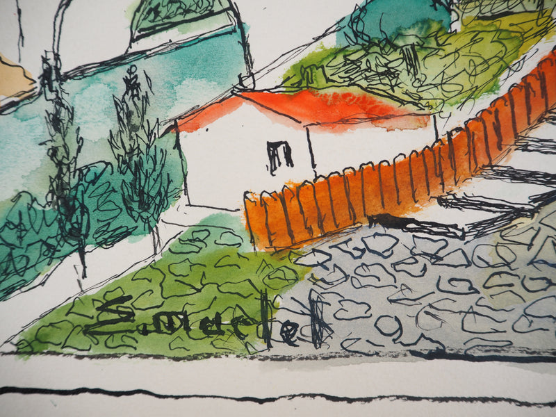 Elisée MACLET : Le village de Corté en Corse - Aquarelle (détail)