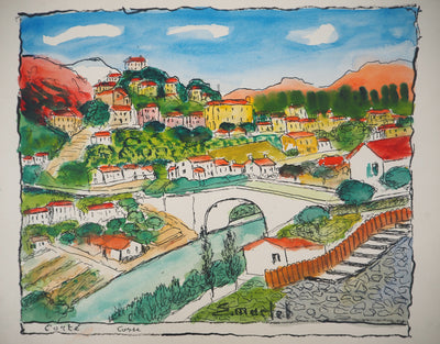 Elisée MACLET : Le village de Corté en Corse - Aquarelle (détail)