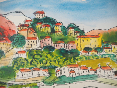 Elisée MACLET : Le village de Corté en Corse - Aquarelle (détail)