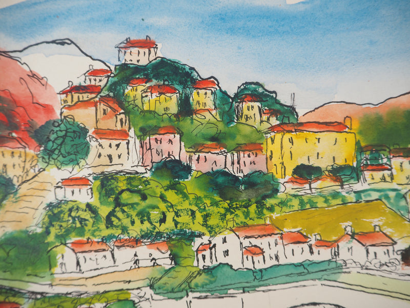 Elisée MACLET : Le village de Corté en Corse - Aquarelle (détail)