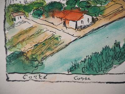 Elisée MACLET : Le village de Corté en Corse - Aquarelle (détail)