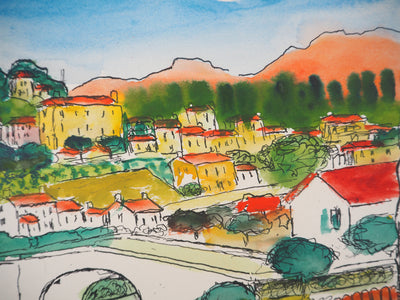 Elisée MACLET : Le village de Corté en Corse - Aquarelle (détail)