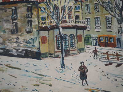 Elisée MACLET : Montmartre sous la neige, Le Théatre de l'Atelier, c. 1945 - Tableau (détail)