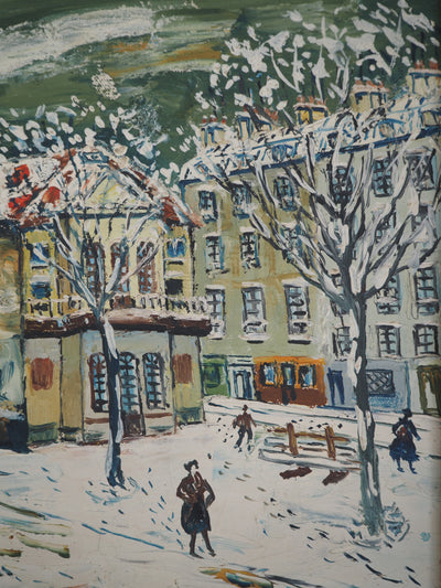 Elisée MACLET : Montmartre sous la neige, Le Théatre de l'Atelier, c. 1945 - Tableau (détail)