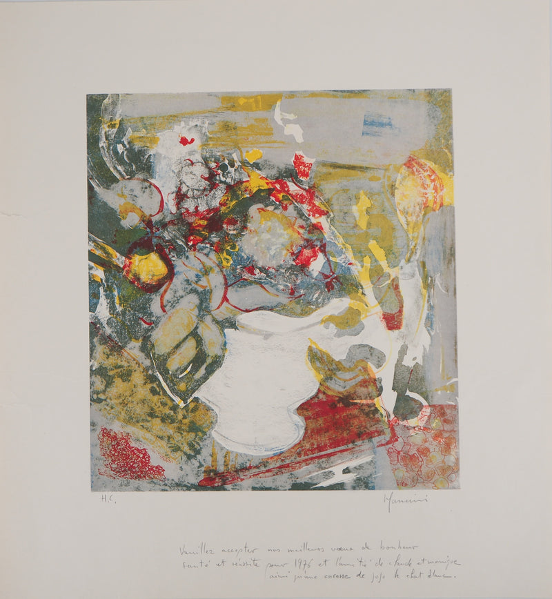 Claude MANCINI : Bouquet au vase blanc - Lithographie (détail)