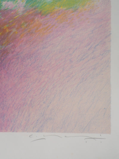 Claude MANOUKIAN : Roses trémières - Lithographie (détail)