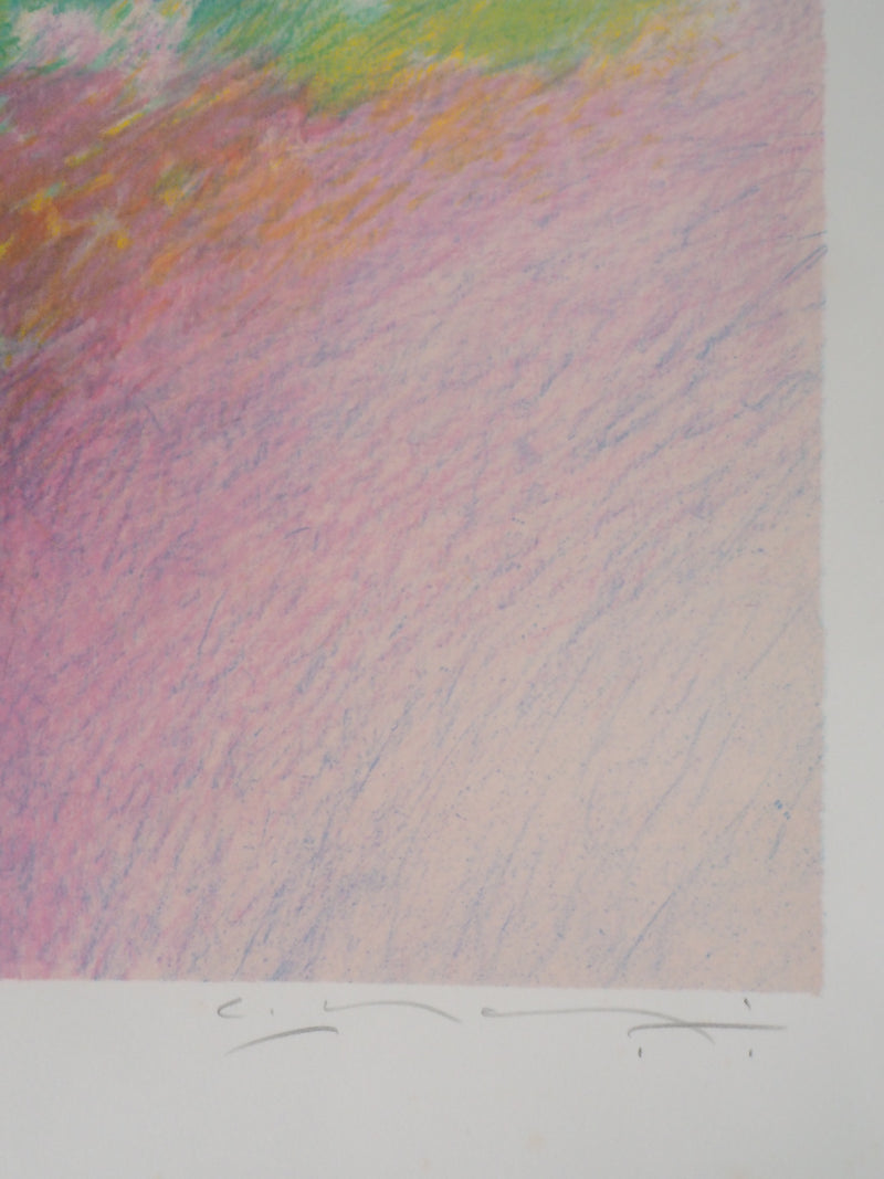 Claude MANOUKIAN : Roses trémières - Lithographie (détail)