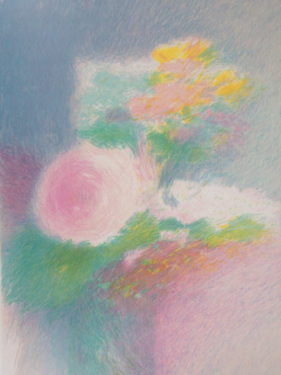 Claude MANOUKIAN : Roses trémières - Lithographie (détail)