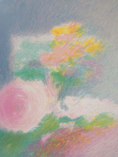 Claude MANOUKIAN : Roses trémières - Lithographie (détail)