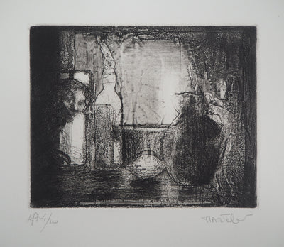 Bernard MARTELET : Nature morte et figure mystérieuse - Gravure