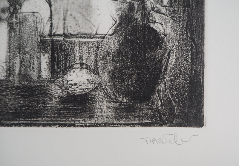 Bernard MARTELET : Nature morte et figure mystérieuse - Gravure (détail)