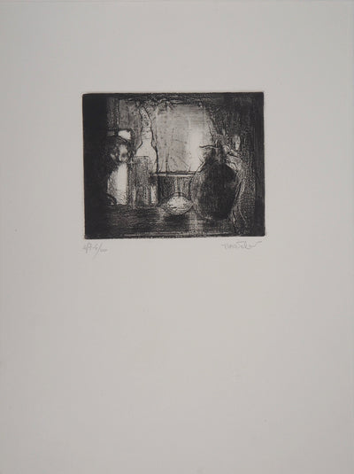Bernard MARTELET : Nature morte et figure mystérieuse - Gravure (détail)