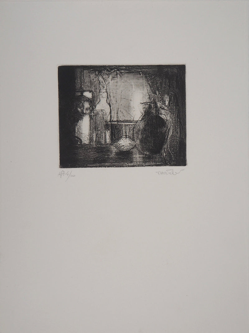 Bernard MARTELET : Nature morte et figure mystérieuse - Gravure (détail)
