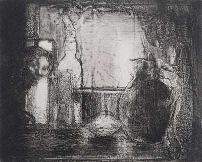 Bernard MARTELET : Nature morte et figure mystérieuse - Gravure (détail)