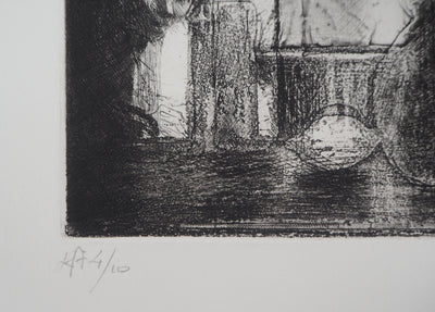 Bernard MARTELET : Nature morte et figure mystérieuse - Gravure (détail)