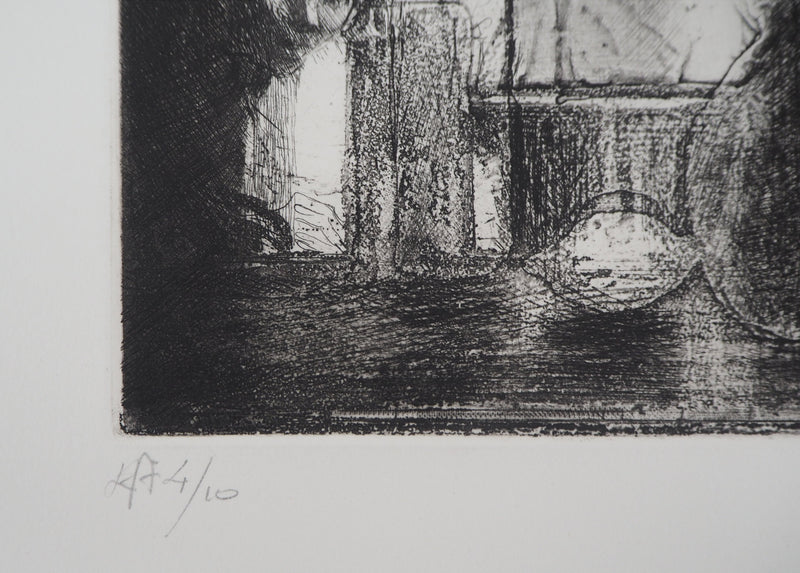 Bernard MARTELET : Nature morte et figure mystérieuse - Gravure (détail)
