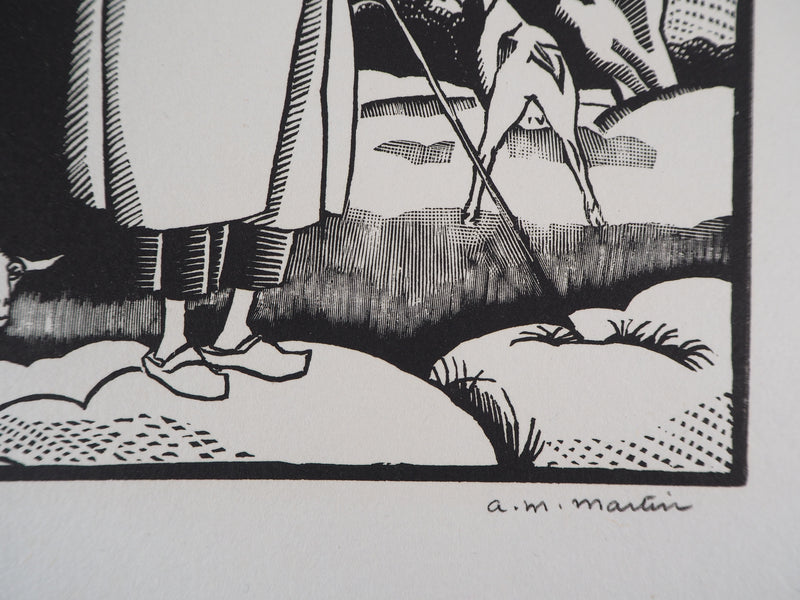AM MARTIN : La ferme aux Trois Normandes - 1929 - Gravure sur bois (détail)