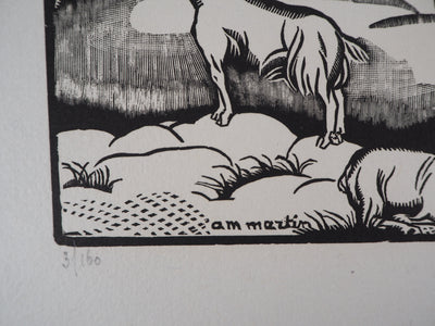 AM MARTIN : La ferme aux Trois Normandes - 1929 - Gravure sur bois (détail)