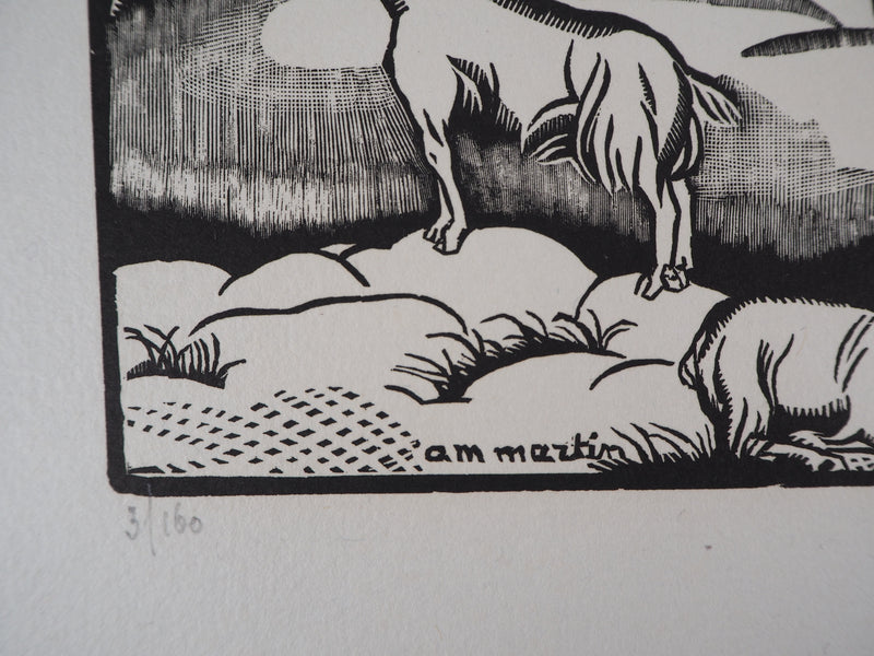 AM MARTIN : La ferme aux Trois Normandes - 1929 - Gravure sur bois (détail)