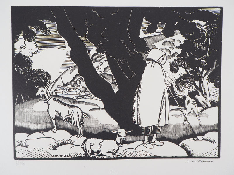AM MARTIN : La ferme aux Trois Normandes - 1929 - Gravure sur bois (détail)