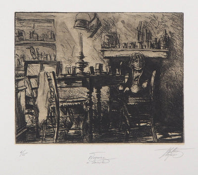 Jean-Michel MATHIEUX-MARIE : En attendant le dîner - Gravure (détail)