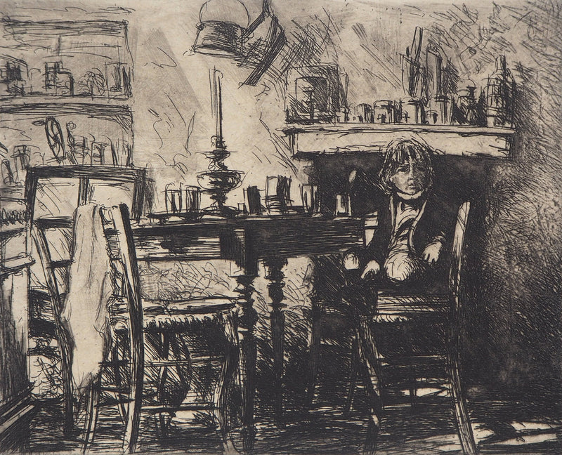 Jean-Michel MATHIEUX-MARIE : En attendant le dîner - Gravure (détail)