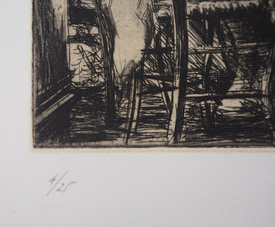 Jean-Michel MATHIEUX-MARIE : En attendant le dîner - Gravure (détail)
