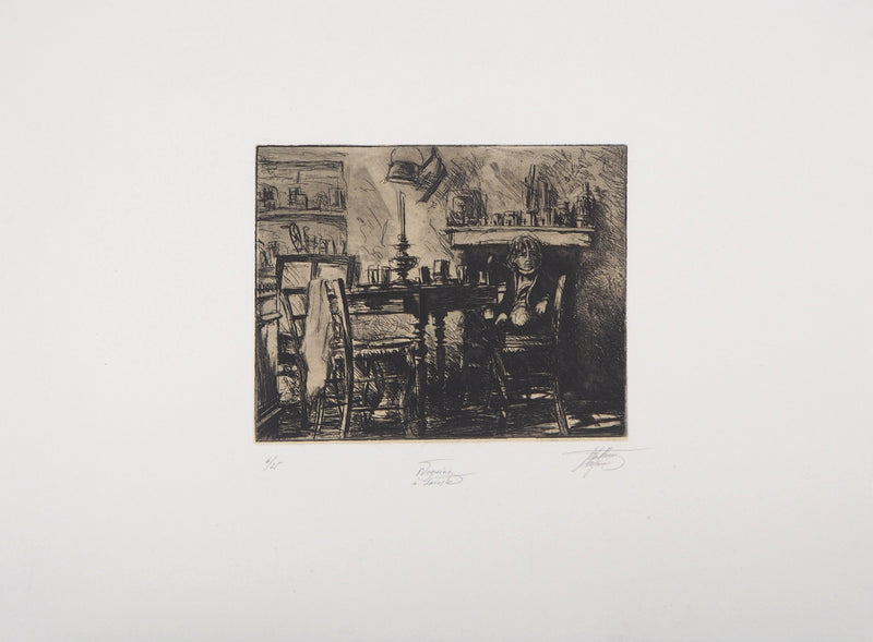 Jean-Michel MATHIEUX-MARIE : En attendant le dîner - Gravure (détail)