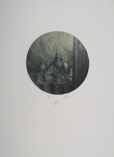 Jean-Michel MATHIEUX-MARIE : La Basilique de Saint Marc, Venise - Gravure (détail)
