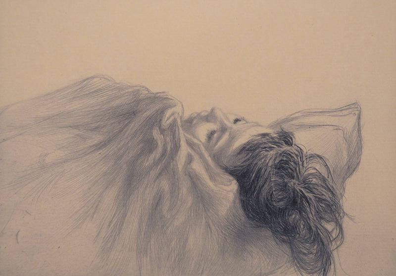 Jean-Michel MATHIEUX-MARIE : Jeune fille en rêve - Gravure (détail)