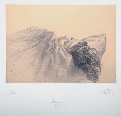 Jean-Michel MATHIEUX-MARIE : Jeune fille en rêve - Gravure (détail)