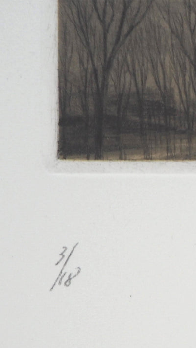 Jean-Michel MATHIEUX-MARIE : Lac au crépuscule - Gravure (détail)