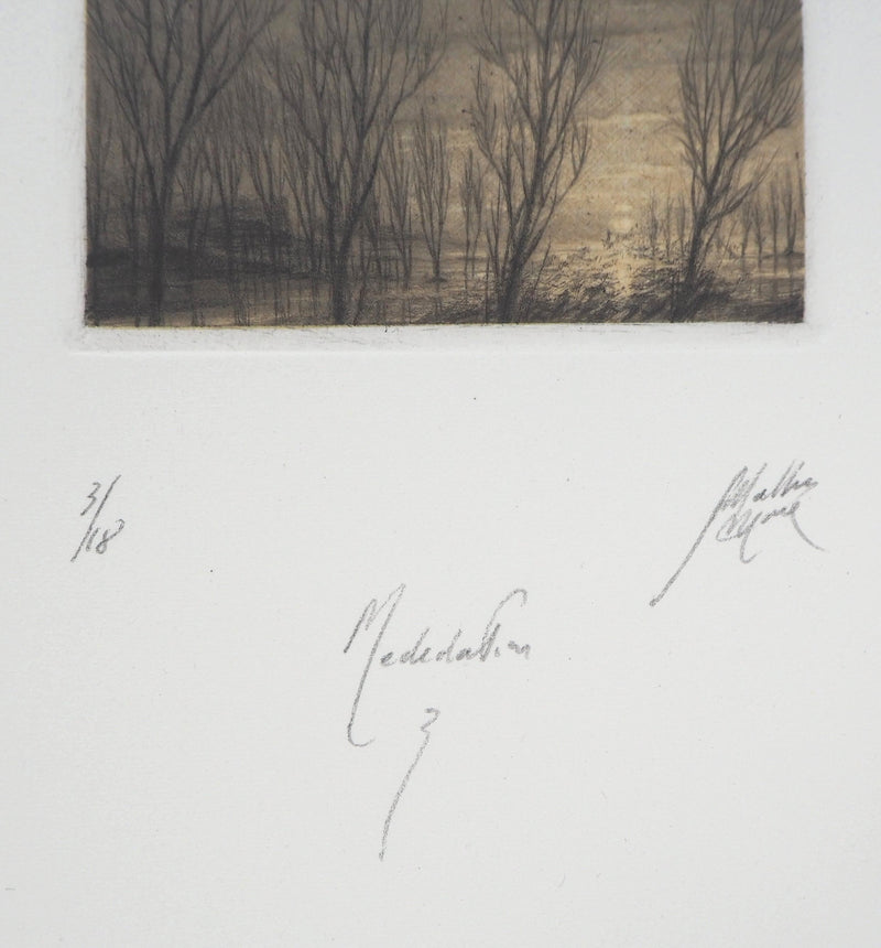 Jean-Michel MATHIEUX-MARIE : Lac au crépuscule - Gravure (détail)
