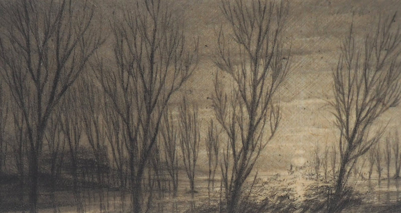 Jean-Michel MATHIEUX-MARIE : Lac au crépuscule - Gravure (détail)