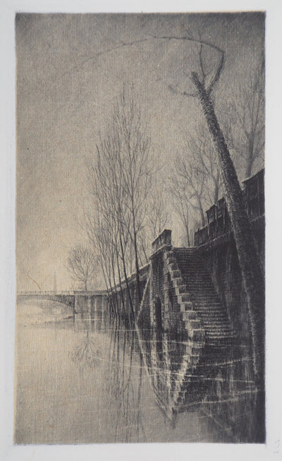 Jean-Michel MATHIEUX-MARIE : L'Escalier au quai de la Seine, Paris - Gravure