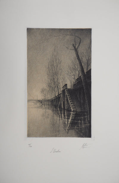 Jean-Michel MATHIEUX-MARIE : L'Escalier au quai de la Seine, Paris - Gravure (détail)