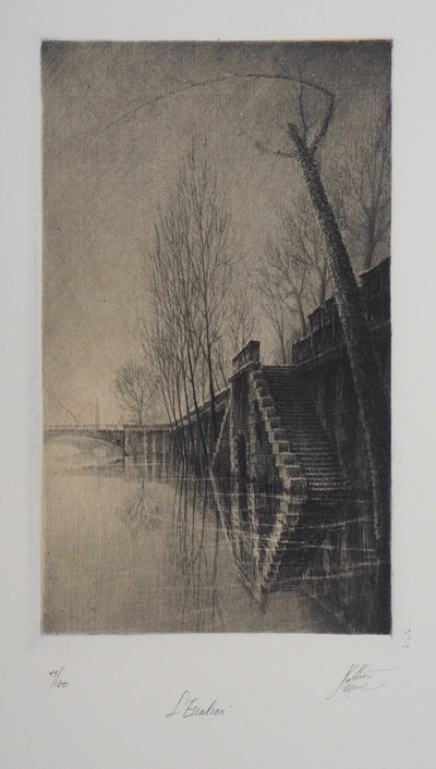 Jean-Michel MATHIEUX-MARIE : L'Escalier au quai de la Seine, Paris - Gravure (détail)
