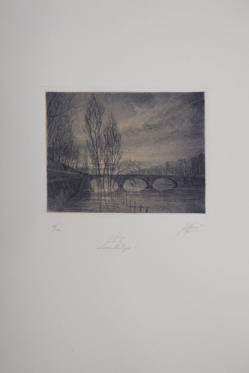 Jean-Michel MATHIEUX-MARIE : Pont Louis-Philippe, Paris - Gravure (détail)